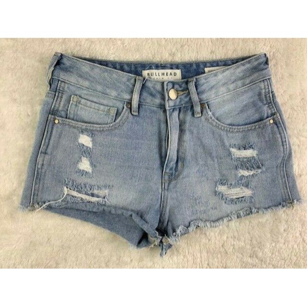 Bullhead Size 24 Womens High Rise Shorts Rip Torn Distress Light Wash Cut Off